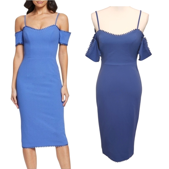 NWT Dress The Population Adrian Blue Jay Cold Shoulder Midi Sheath Women's XXS - Picture 1 of 14